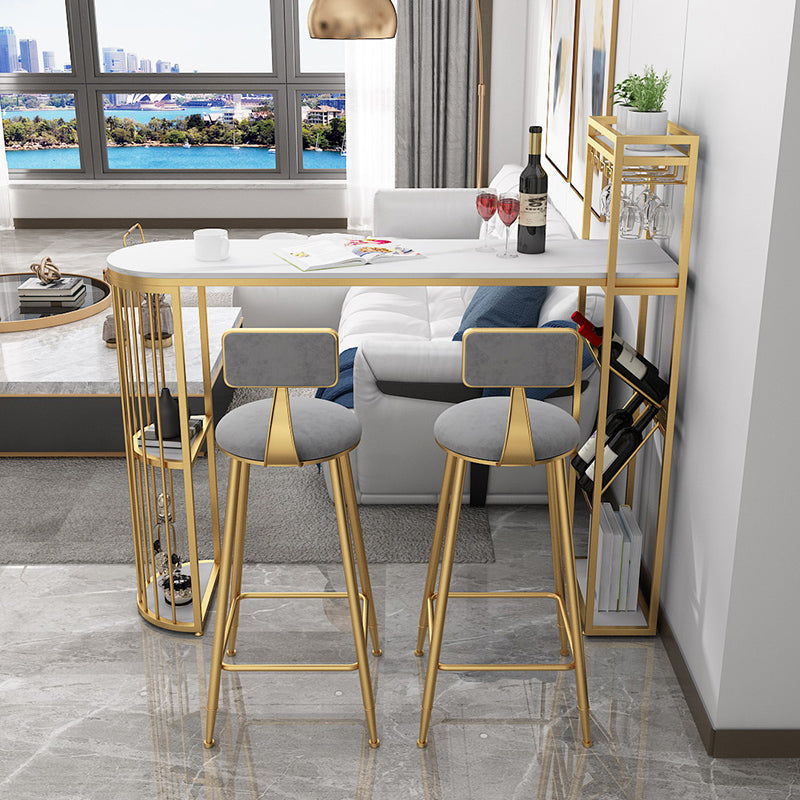 White Stone Glam Indoor Bar Dining Table Iron Double Pedestal Bistro Table with Shelve Clearhalo 'Bar Furniture' 'Bar Tables' 'bar_tables' 'Furniture' 'furniture_bar_tables' 'Kitchen & Dining Furniture' 'kitchen&dining_furn' 'kitchen' 4240367