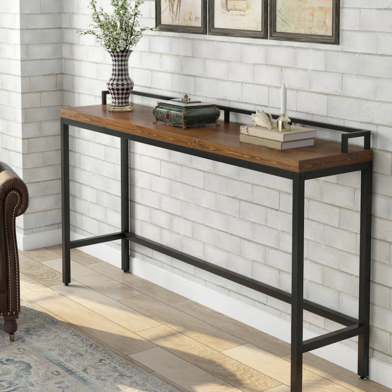Modern Bar Dining Table Indoor Rectangle Wood Bar Table Trestle Iron Base in Brown Clearhalo 'Bar Furniture' 'Bar Tables' 'bar_tables' 'Furniture' 'furniture_bar_tables' 'Kitchen & Dining Furniture' 'kitchen&dining_furn' 'kitchen' 4240953