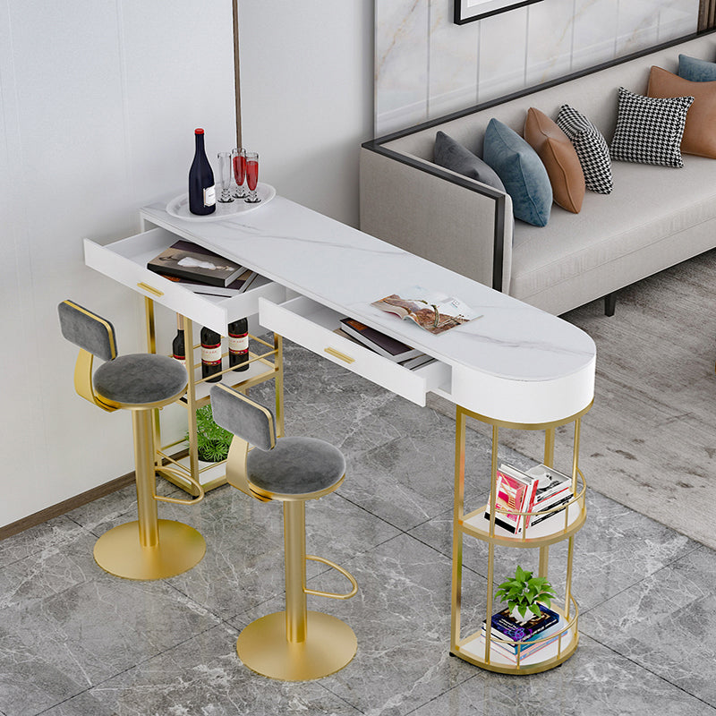 White Stone Glam Indoor Bar Dining Table Iron Double Pedestal Bistro Table Fixed Table Clearhalo 'Bar Furniture' 'Bar Tables' 'bar_tables' 'Furniture' 'furniture_bar_tables' 'Kitchen & Dining Furniture' 'kitchen&dining_furn' 'kitchen' 4245520