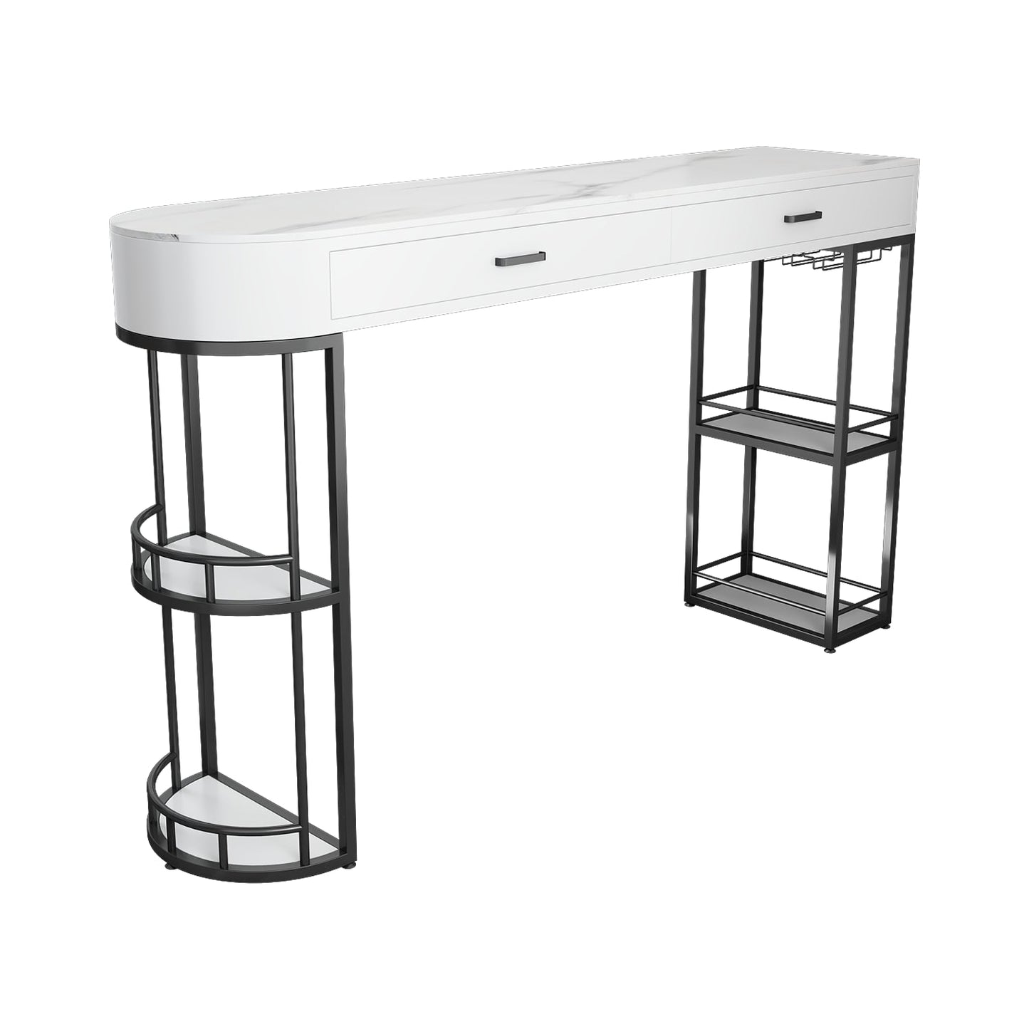 White Stone Glam Indoor Bar Dining Table Iron Double Pedestal Bistro Table Fixed Table Black 4 Clearhalo 'Bar Furniture' 'Bar Tables' 'bar_tables' 'Furniture' 'furniture_bar_tables' 'Kitchen & Dining Furniture' 'kitchen&dining_furn' 'kitchen' 4245522