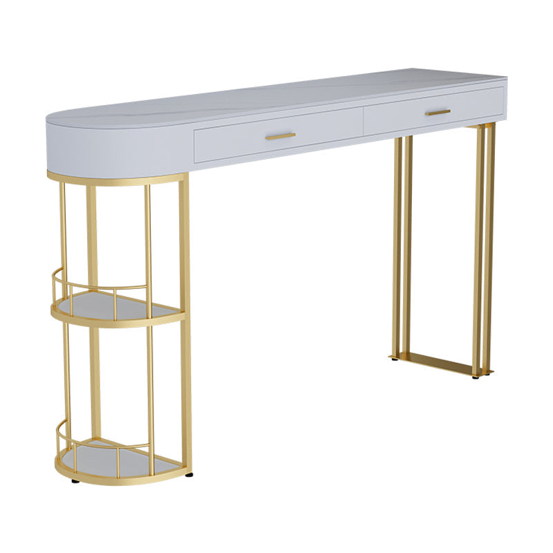 White Stone Glam Indoor Bar Dining Table Iron Double Pedestal Bistro Table Fixed Table Gold 2 Clearhalo 'Bar Furniture' 'Bar Tables' 'bar_tables' 'Furniture' 'furniture_bar_tables' 'Kitchen & Dining Furniture' 'kitchen&dining_furn' 'kitchen' 4245524