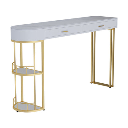 White Stone Glam Indoor Bar Dining Table Iron Double Pedestal Bistro Table Fixed Table Gold 2 Clearhalo 'Bar Furniture' 'Bar Tables' 'bar_tables' 'Furniture' 'furniture_bar_tables' 'Kitchen & Dining Furniture' 'kitchen&dining_furn' 'kitchen' 4245524