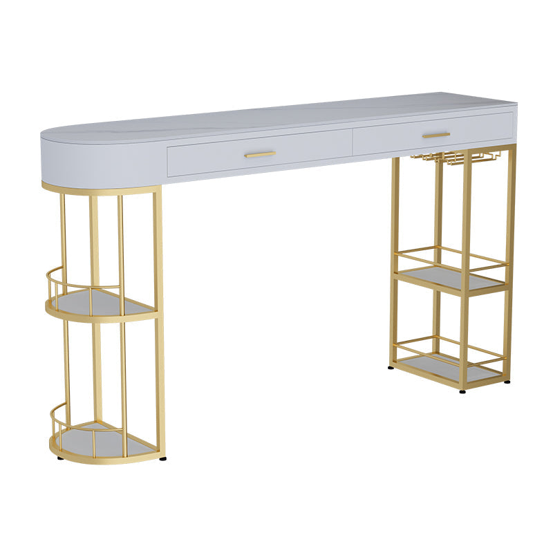 White Stone Glam Indoor Bar Dining Table Iron Double Pedestal Bistro Table Fixed Table Gold 4 Clearhalo 'Bar Furniture' 'Bar Tables' 'bar_tables' 'Furniture' 'furniture_bar_tables' 'Kitchen & Dining Furniture' 'kitchen&dining_furn' 'kitchen' 4245527