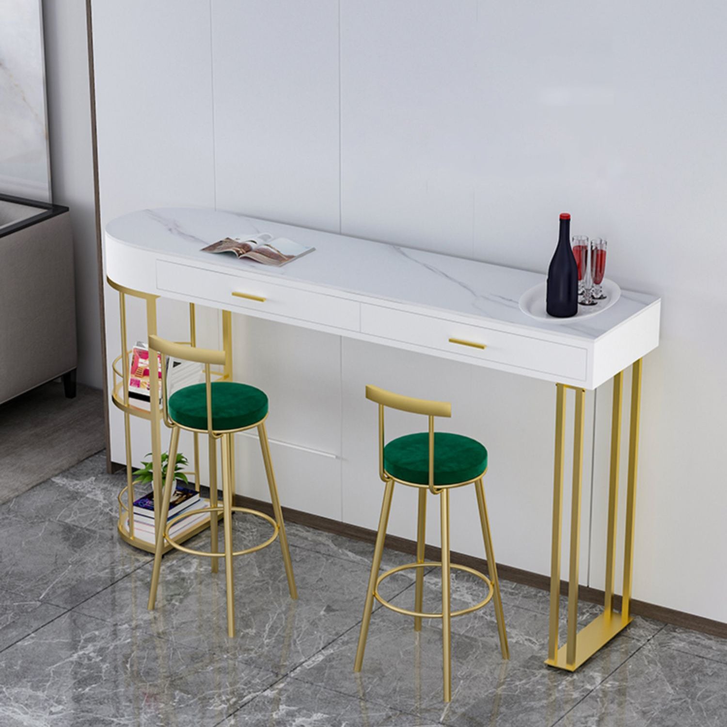 White Stone Glam Indoor Bar Dining Table Iron Double Pedestal Bistro Table Fixed Table Clearhalo 'Bar Furniture' 'Bar Tables' 'bar_tables' 'Furniture' 'furniture_bar_tables' 'Kitchen & Dining Furniture' 'kitchen&dining_furn' 'kitchen' 4245532