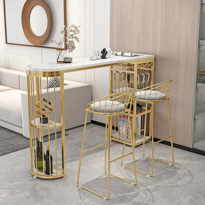 Glam White Marble Bar Dining Table Metal Double Pedestal Bistro Table with Shelve Clearhalo 'Bar Furniture' 'Bar Tables' 'bar_tables' 'Furniture' 'furniture_bar_tables' 'Kitchen & Dining Furniture' 'kitchen&dining_furn' 'kitchen' 4245537