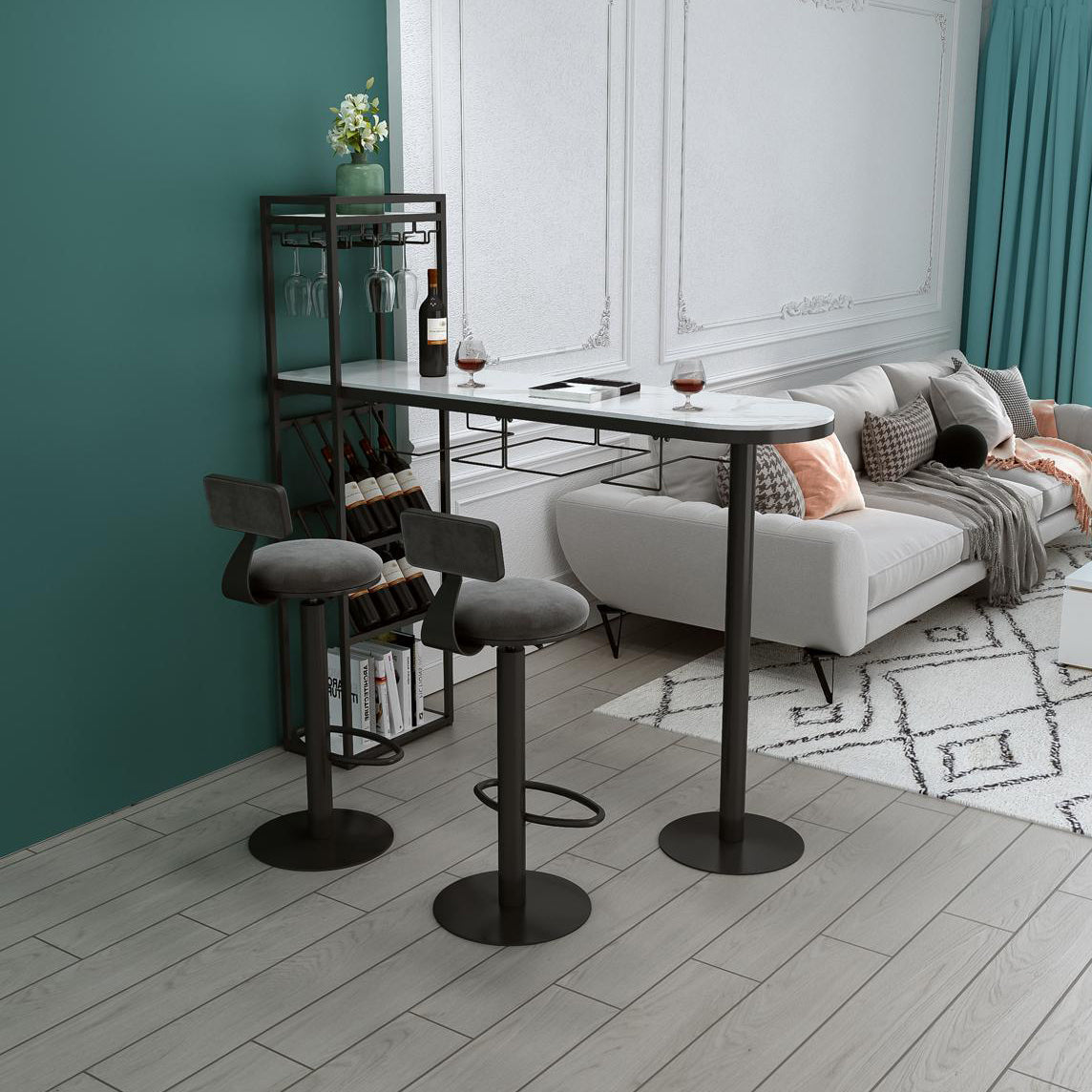 Glam Style Iron Bar Table 41.3"H Faux Marble White Top Bistro Table with Wine Rack Clearhalo 'Bar Furniture' 'Bar Tables' 'bar_tables' 'furn' 'furn_bar_tables' 'Furniture' 'furniture_bar_tables' 'Kitchen & Dining Furniture' 'kitchen&dining_furn' 'kitchen' 4245602