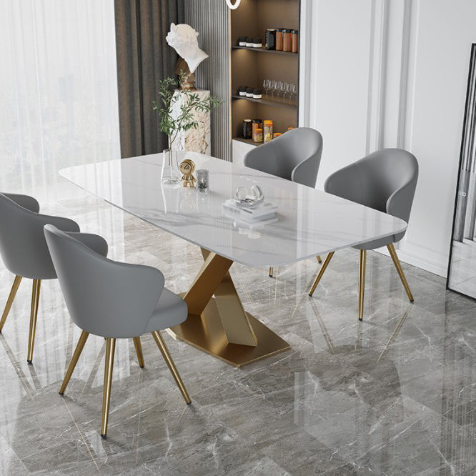 Luxury Sintered Stone Dining Table Rectangle White Table with Metal Pedestal Clearhalo ' dining_table' 'Dining Tables & Seating' 'Dining Tables' 'furn' 'furn_dining_table' 'Furniture' 'furniture_dining_table' 'Kitchen & Dining Furniture' 'kitchen&dining_furn' 'kitchen' 'kitchen_dining_table' 4246623