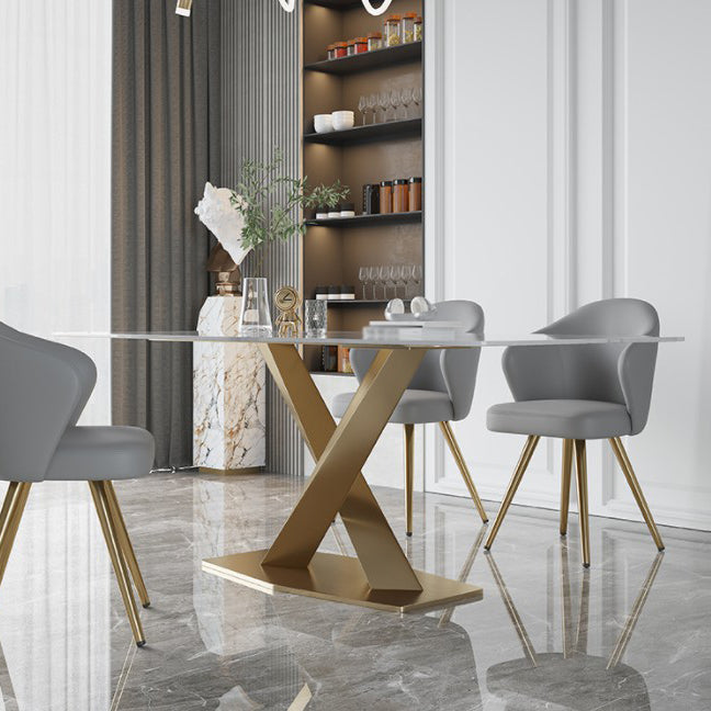 Luxury Sintered Stone Dining Table Rectangle White Table with Metal Pedestal Clearhalo ' dining_table' 'Dining Tables & Seating' 'Dining Tables' 'furn' 'furn_dining_table' 'Furniture' 'furniture_dining_table' 'Kitchen & Dining Furniture' 'kitchen&dining_furn' 'kitchen' 'kitchen_dining_table' 4246624