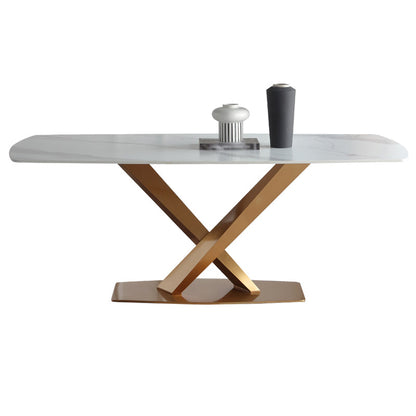 Luxury Sintered Stone Dining Table Rectangle White Table with Metal Pedestal Without Chairs Clearhalo ' dining_table' 'Dining Tables & Seating' 'Dining Tables' 'furn' 'furn_dining_table' 'Furniture' 'furniture_dining_table' 'Kitchen & Dining Furniture' 'kitchen&dining_furn' 'kitchen' 'kitchen_dining_table' 4246626