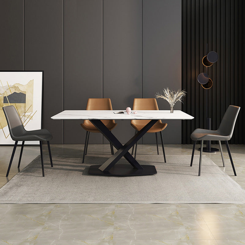 Rectangle Traditional Luxury Dining Table Sintered Stone Table with Black Metal Pedestal Base Clearhalo ' dining_table' 'Dining Tables & Seating' 'Dining Tables' 'furn' 'furn_dining_table' 'Furniture' 'furniture_dining_table' 'Kitchen & Dining Furniture' 'kitchen&dining_furn' 'kitchen' 'kitchen_dining_table' 4246852