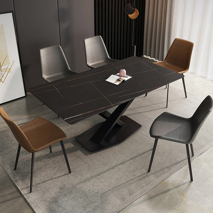 Rectangle Traditional Luxury Dining Table Sintered Stone Table with Black Metal Pedestal Base Black Without Chairs Clearhalo ' dining_table' 'Dining Tables & Seating' 'Dining Tables' 'furn' 'furn_dining_table' 'Furniture' 'furniture_dining_table' 'Kitchen & Dining Furniture' 'kitchen&dining_furn' 'kitchen' 'kitchen_dining_table' 4246853