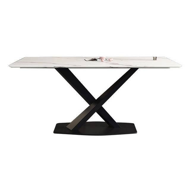 Rectangle Traditional Luxury Dining Table Sintered Stone Table with Black Metal Pedestal Base White Without Chairs Clearhalo ' dining_table' 'Dining Tables & Seating' 'Dining Tables' 'furn' 'furn_dining_table' 'Furniture' 'furniture_dining_table' 'Kitchen & Dining Furniture' 'kitchen&dining_furn' 'kitchen' 'kitchen_dining_table' 4246855