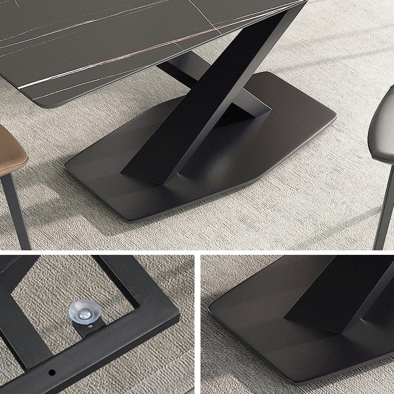 Rectangle Traditional Luxury Dining Table Sintered Stone Table with Black Metal Pedestal Base Clearhalo ' dining_table' 'Dining Tables & Seating' 'Dining Tables' 'furn' 'furn_dining_table' 'Furniture' 'furniture_dining_table' 'Kitchen & Dining Furniture' 'kitchen&dining_furn' 'kitchen' 'kitchen_dining_table' 4246858