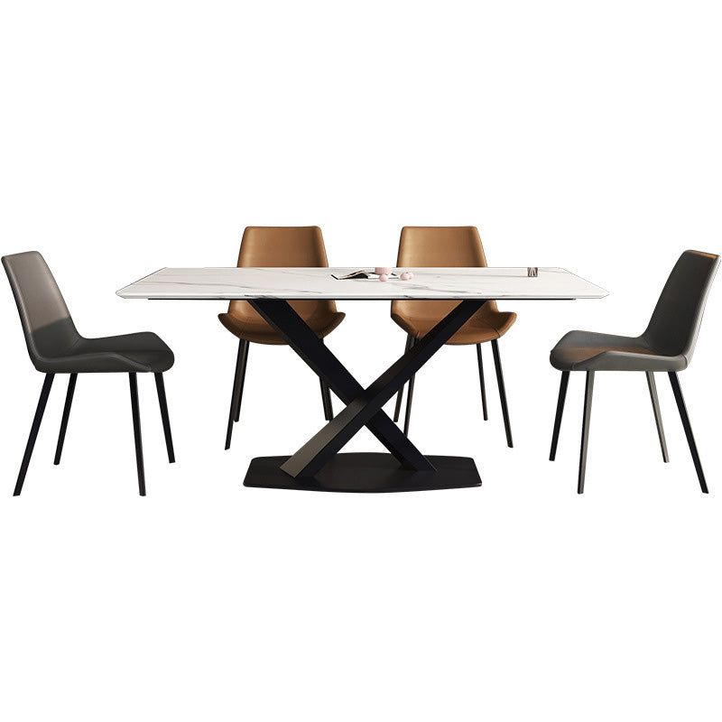 Rectangle Traditional Luxury Dining Table Sintered Stone Table with Black Metal Pedestal Base Clearhalo ' dining_table' 'Dining Tables & Seating' 'Dining Tables' 'furn' 'furn_dining_table' 'Furniture' 'furniture_dining_table' 'Kitchen & Dining Furniture' 'kitchen&dining_furn' 'kitchen' 'kitchen_dining_table' 4246860
