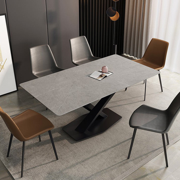 Rectangle Traditional Luxury Dining Table Sintered Stone Table with Black Metal Pedestal Base Gray Without Chairs Clearhalo ' dining_table' 'Dining Tables & Seating' 'Dining Tables' 'furn' 'furn_dining_table' 'Furniture' 'furniture_dining_table' 'Kitchen & Dining Furniture' 'kitchen&dining_furn' 'kitchen' 'kitchen_dining_table' 4246861