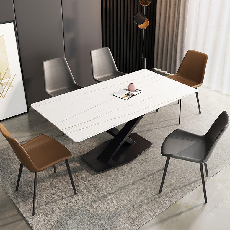Rectangle Traditional Luxury Dining Table Sintered Stone Table with Black Metal Pedestal Base White Gold Without Chairs Clearhalo ' dining_table' 'Dining Tables & Seating' 'Dining Tables' 'furn' 'furn_dining_table' 'Furniture' 'furniture_dining_table' 'Kitchen & Dining Furniture' 'kitchen&dining_furn' 'kitchen' 'kitchen_dining_table' 4246862