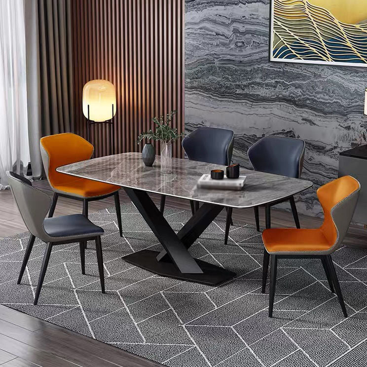 Rectangle Traditional Luxury Dining Table Grey Sintered Stone Table with Black Metal Pedestal Base Clearhalo ' dining_table' 'Dining Tables & Seating' 'Dining Tables' 'furn' 'furn_dining_table' 'Furniture' 'furniture_dining_table' 'Kitchen & Dining Furniture' 'kitchen&dining_furn' 'kitchen' 'kitchen_dining_table' 4246920