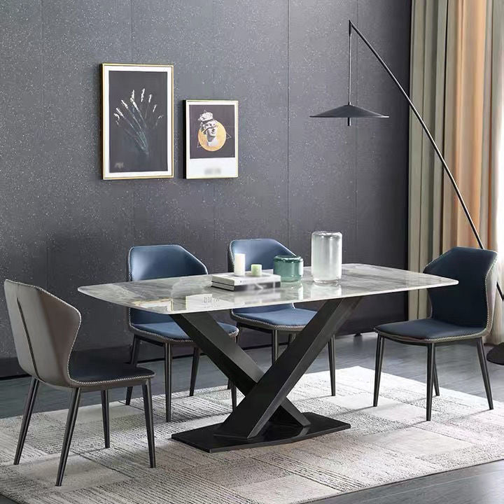 Rectangle Traditional Luxury Dining Table Grey Sintered Stone Table with Black Metal Pedestal Base Clearhalo ' dining_table' 'Dining Tables & Seating' 'Dining Tables' 'furn' 'furn_dining_table' 'Furniture' 'furniture_dining_table' 'Kitchen & Dining Furniture' 'kitchen&dining_furn' 'kitchen' 'kitchen_dining_table' 4246921