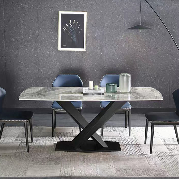 Rectangle Traditional Luxury Dining Table Grey Sintered Stone Table with Black Metal Pedestal Base Clearhalo ' dining_table' 'Dining Tables & Seating' 'Dining Tables' 'furn' 'furn_dining_table' 'Furniture' 'furniture_dining_table' 'Kitchen & Dining Furniture' 'kitchen&dining_furn' 'kitchen' 'kitchen_dining_table' 4246922