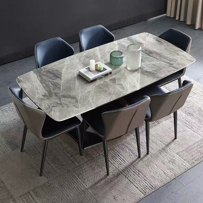 Rectangle Traditional Luxury Dining Table Grey Sintered Stone Table with Black Metal Pedestal Base Clearhalo ' dining_table' 'Dining Tables & Seating' 'Dining Tables' 'furn' 'furn_dining_table' 'Furniture' 'furniture_dining_table' 'Kitchen & Dining Furniture' 'kitchen&dining_furn' 'kitchen' 'kitchen_dining_table' 4246923