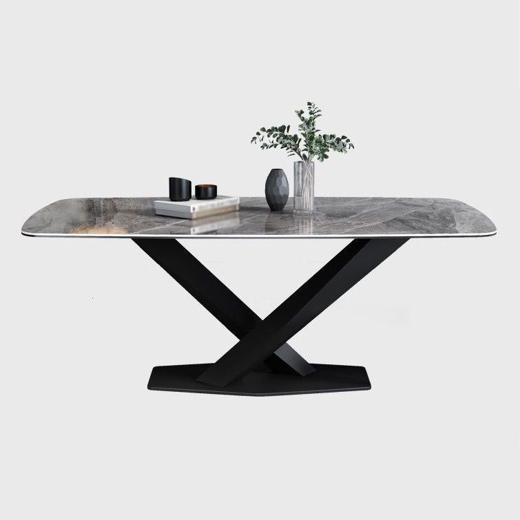 Rectangle Traditional Luxury Dining Table Grey Sintered Stone Table with Black Metal Pedestal Base Clearhalo ' dining_table' 'Dining Tables & Seating' 'Dining Tables' 'furn' 'furn_dining_table' 'Furniture' 'furniture_dining_table' 'Kitchen & Dining Furniture' 'kitchen&dining_furn' 'kitchen' 'kitchen_dining_table' 4246926
