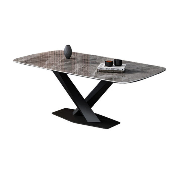 Rectangle Traditional Luxury Dining Table Grey Sintered Stone Table with Black Metal Pedestal Base Clearhalo ' dining_table' 'Dining Tables & Seating' 'Dining Tables' 'furn' 'furn_dining_table' 'Furniture' 'furniture_dining_table' 'Kitchen & Dining Furniture' 'kitchen&dining_furn' 'kitchen' 'kitchen_dining_table' 4246927