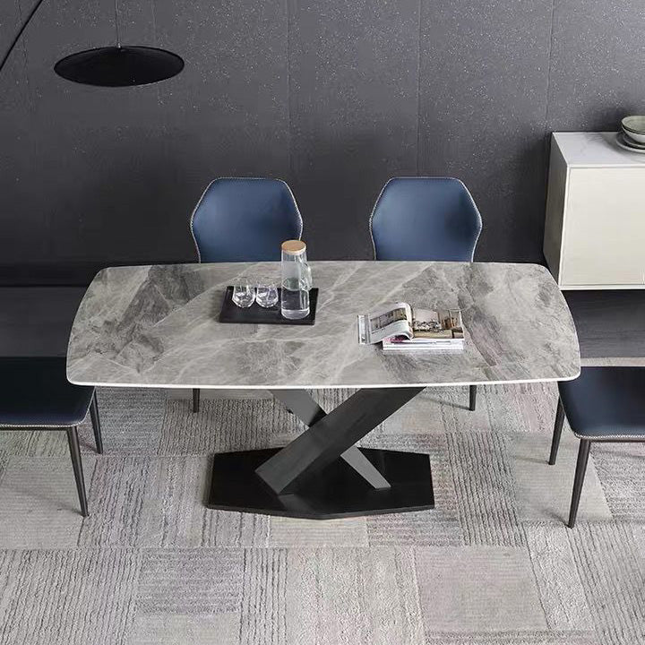 Rectangle Traditional Luxury Dining Table Grey Sintered Stone Table with Black Metal Pedestal Base Clearhalo ' dining_table' 'Dining Tables & Seating' 'Dining Tables' 'furn' 'furn_dining_table' 'Furniture' 'furniture_dining_table' 'Kitchen & Dining Furniture' 'kitchen&dining_furn' 'kitchen' 'kitchen_dining_table' 4246929