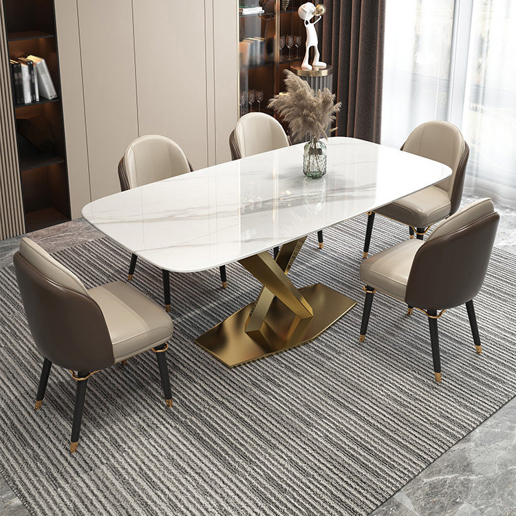Rectangle Traditional Luxury Dining Table White Sintered Stone Table with Gold Metal Pedestal Base Clearhalo ' dining_table' 'Dining Tables & Seating' 'Dining Tables' 'furn' 'furn_dining_table' 'Furniture' 'furniture_dining_table' 'Kitchen & Dining Furniture' 'kitchen&dining_furn' 'kitchen' 'kitchen_dining_table' 4246936