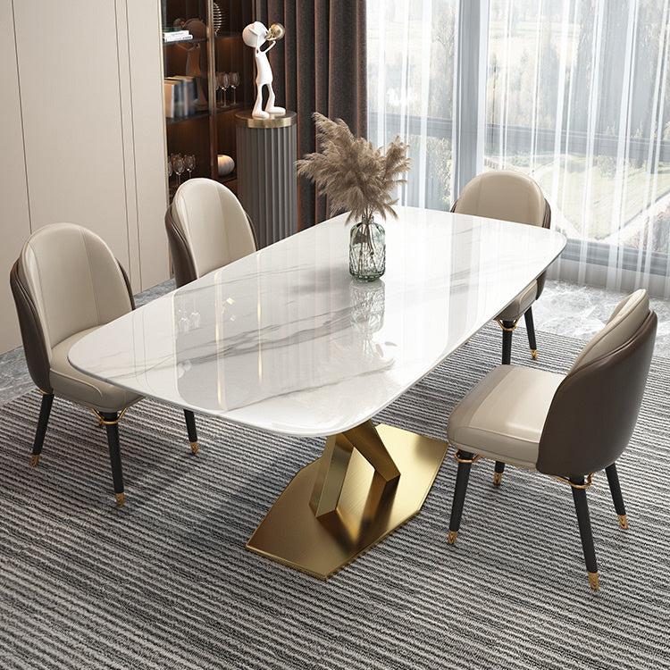 Rectangle Traditional Luxury Dining Table White Sintered Stone Table with Gold Metal Pedestal Base Clearhalo ' dining_table' 'Dining Tables & Seating' 'Dining Tables' 'furn' 'furn_dining_table' 'Furniture' 'furniture_dining_table' 'Kitchen & Dining Furniture' 'kitchen&dining_furn' 'kitchen' 'kitchen_dining_table' 4246938