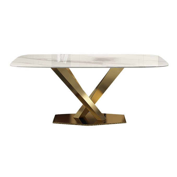 Rectangle Traditional Luxury Dining Table White Sintered Stone Table with Gold Metal Pedestal Base Without Chairs Clearhalo ' dining_table' 'Dining Tables & Seating' 'Dining Tables' 'furn' 'furn_dining_table' 'Furniture' 'furniture_dining_table' 'Kitchen & Dining Furniture' 'kitchen&dining_furn' 'kitchen' 'kitchen_dining_table' 4246939