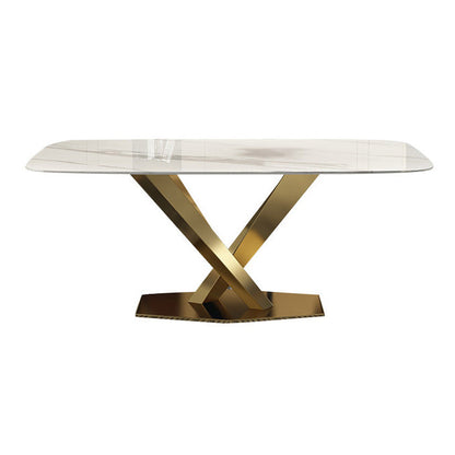 Rectangle Traditional Luxury Dining Table White Sintered Stone Table with Gold Metal Pedestal Base Without Chairs Clearhalo ' dining_table' 'Dining Tables & Seating' 'Dining Tables' 'furn' 'furn_dining_table' 'Furniture' 'furniture_dining_table' 'Kitchen & Dining Furniture' 'kitchen&dining_furn' 'kitchen' 'kitchen_dining_table' 4246939