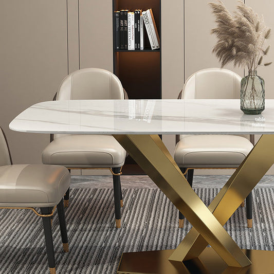 Rectangle Traditional Luxury Dining Table White Sintered Stone Table with Gold Metal Pedestal Base