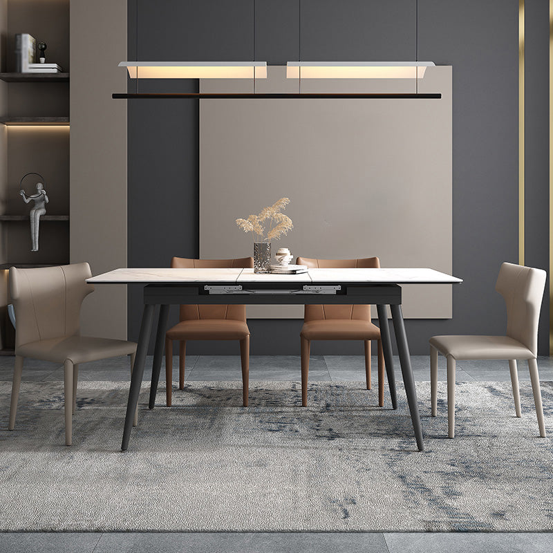 Rectangle Extendable Industrial Dining Table White Sintered Stone Table with 4 Black Legs Clearhalo ' dining_table' 'Dining Tables & Seating' 'Dining Tables' 'furn' 'furn_dining_table' 'Furniture' 'furniture_dining_table' 'Kitchen & Dining Furniture' 'kitchen&dining_furn' 'kitchen' 'kitchen_dining_table' 4246949