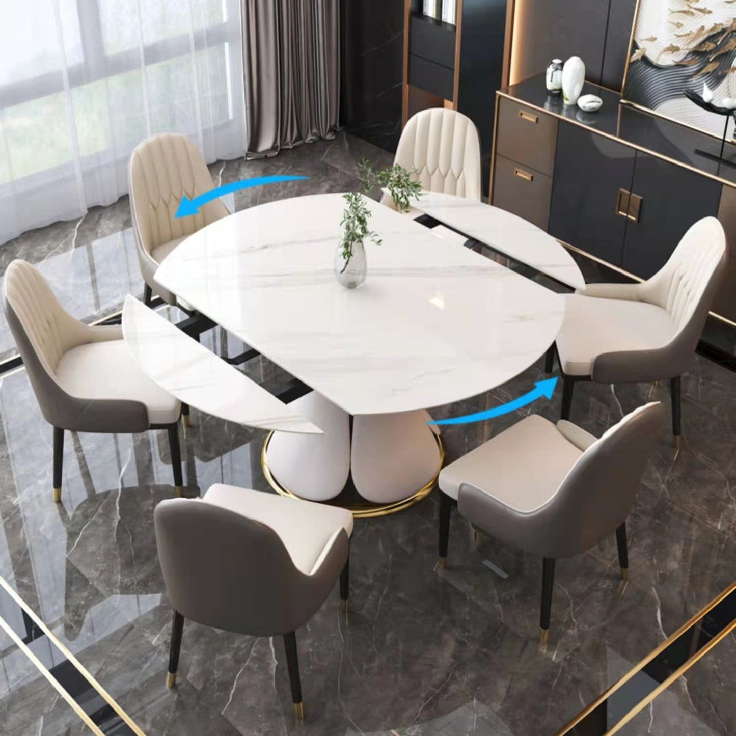 Glam Sintered Stone Extendable Table Round Shape Kitchen Dining Table with Pedestal Base Clearhalo ' dining_table' 'Dining Tables & Seating' 'Dining Tables' 'furn' 'furn_dining_table' 'Furniture' 'furniture_dining_table' 'Kitchen & Dining Furniture' 'kitchen&dining_furn' 'kitchen' 'kitchen_dining_table' 4247308