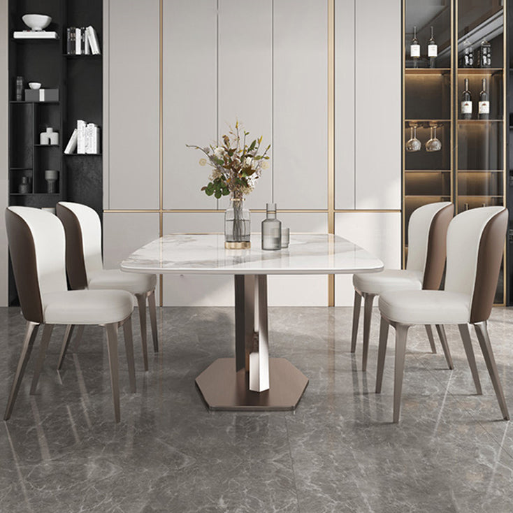 Traditional Luxury Rectangle Dining Table White Sintered Stone Table with Pedestal Base Clearhalo ' dining_table' 'Dining Tables & Seating' 'Dining Tables' 'furn' 'furn_dining_table' 'Furniture' 'furniture_dining_table' 'Kitchen & Dining Furniture' 'kitchen&dining_furn' 'kitchen' 'kitchen_dining_table' 4247691