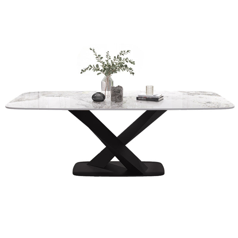 Luxury Sintered Stone Dining Table Rectangle White Top Table with Metal Pedestal Black Without Chairs Clearhalo ' dining_table' 'Dining Tables & Seating' 'Dining Tables' 'furn' 'furn_dining_table' 'Furniture' 'furniture_dining_table' 'Kitchen & Dining Furniture' 'kitchen&dining_furn' 'kitchen' 'kitchen_dining_table' 4247779