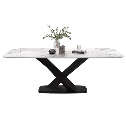 Luxury Sintered Stone Dining Table Rectangle White Top Table with Metal Pedestal Black Without Chairs Clearhalo ' dining_table' 'Dining Tables & Seating' 'Dining Tables' 'furn' 'furn_dining_table' 'Furniture' 'furniture_dining_table' 'Kitchen & Dining Furniture' 'kitchen&dining_furn' 'kitchen' 'kitchen_dining_table' 4247779