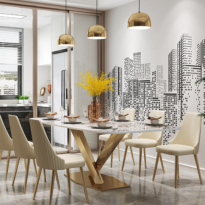 Luxury Sintered Stone Dining Table Rectangle White Top Table with Metal Pedestal Clearhalo ' dining_table' 'Dining Tables & Seating' 'Dining Tables' 'furn' 'furn_dining_table' 'Furniture' 'furniture_dining_table' 'Kitchen & Dining Furniture' 'kitchen&dining_furn' 'kitchen' 'kitchen_dining_table' 4247781