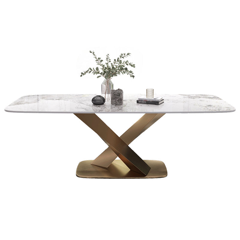 Luxury Sintered Stone Dining Table Rectangle White Top Table with Metal Pedestal Gold Without Chairs Clearhalo ' dining_table' 'Dining Tables & Seating' 'Dining Tables' 'furn' 'furn_dining_table' 'Furniture' 'furniture_dining_table' 'Kitchen & Dining Furniture' 'kitchen&dining_furn' 'kitchen' 'kitchen_dining_table' 4247783