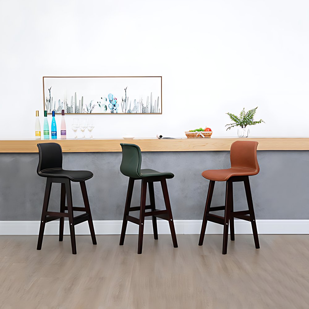 Coffee Shop Leather Bar Stool Footrest Low Back Counter Stool with Wood ...