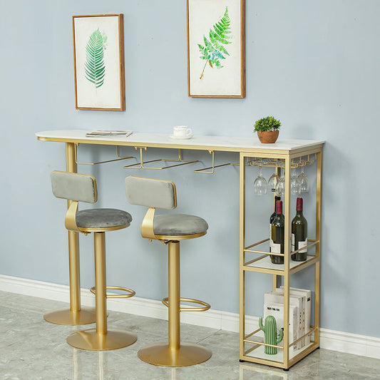 White Stone Glam Indoor Bar Dining Table Gold Double Pedestal Bistro Table with Shelve Clearhalo 'Bar Furniture' 'Bar Tables' 'bar_tables' 'furn' 'furn_bar_tables' 'Furniture' 'furniture_bar_tables' 'Kitchen & Dining Furniture' 'kitchen&dining_furn' 'kitchen' 4257703