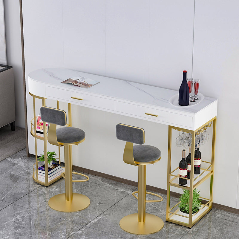 Glam White Marble Bar Dining Table Metal Double Pedestal Bistro Table with Drawer Clearhalo 'Bar Furniture' 'Bar Tables' 'bar_tables' 'furn' 'furn_bar_tables' 'Furniture' 'furniture_bar_tables' 'Kitchen & Dining Furniture' 'kitchen&dining_furn' 'kitchen' 4257866
