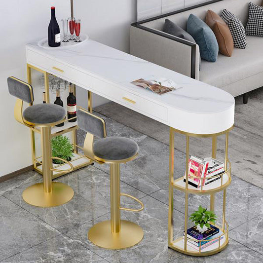 Glam White Marble Bar Dining Table Metal Double Pedestal Bistro Table with Drawer Clearhalo 'Bar Furniture' 'Bar Tables' 'bar_tables' 'furn' 'furn_bar_tables' 'Furniture' 'furniture_bar_tables' 'Kitchen & Dining Furniture' 'kitchen&dining_furn' 'kitchen' 4257867