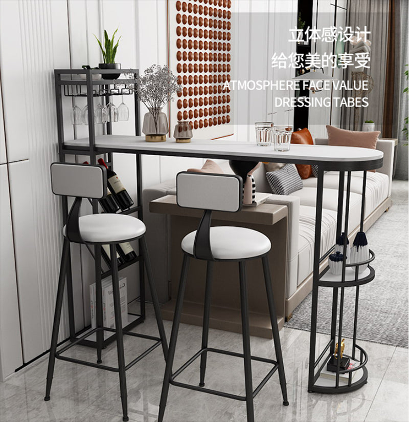 White Stone Glam Indoor Bar Dining Table Iron Double Pedestal Bistro Table with Wine Rack Clearhalo 'Bar Furniture' 'Bar Tables' 'bar_tables' 'furn' 'furn_bar_tables' 'Furniture' 'furniture_bar_tables' 'Kitchen & Dining Furniture' 'kitchen&dining_furn' 'kitchen' 4257983