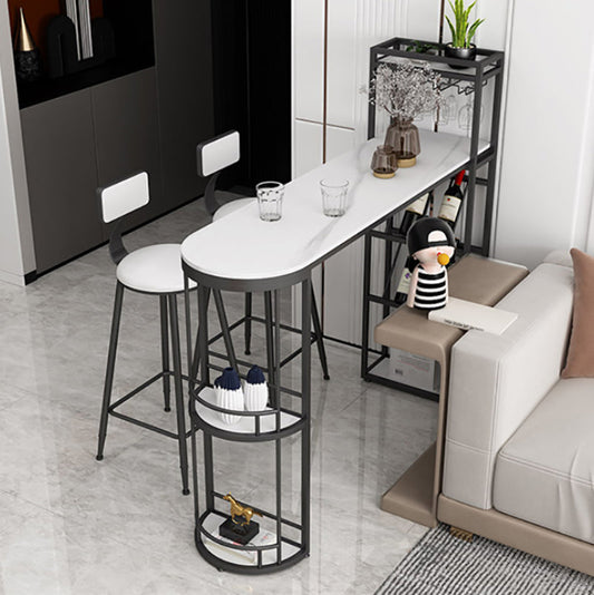 White Stone Glam Indoor Bar Dining Table Iron Double Pedestal Bistro Table with Wine Rack Clearhalo 'Bar Furniture' 'Bar Tables' 'bar_tables' 'furn' 'furn_bar_tables' 'Furniture' 'furniture_bar_tables' 'Kitchen & Dining Furniture' 'kitchen&dining_furn' 'kitchen' 4257984