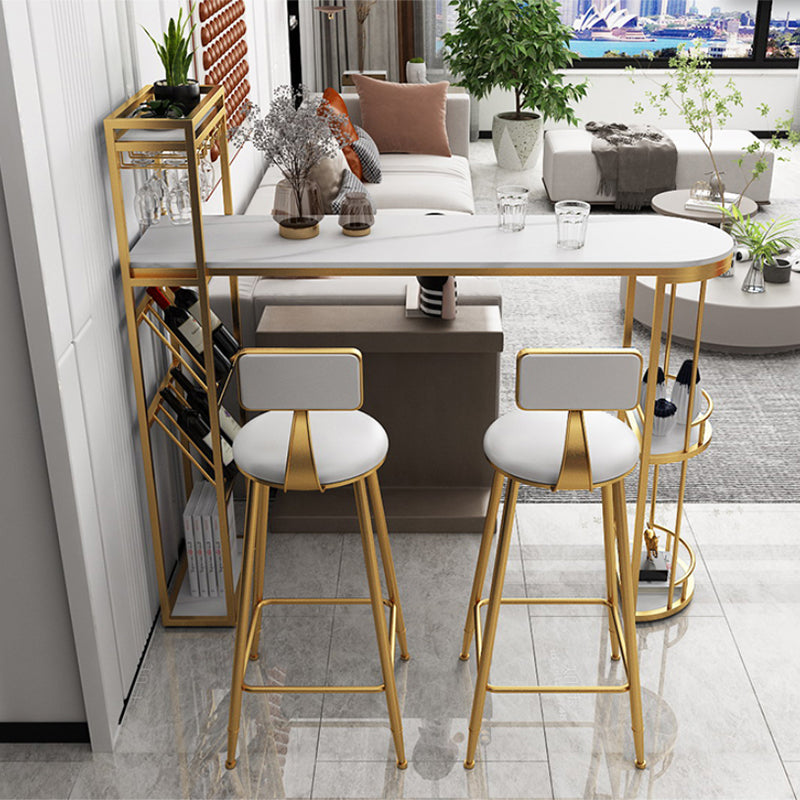 White Stone Glam Indoor Bar Dining Table Iron Double Pedestal Bistro Table with Wine Rack Clearhalo 'Bar Furniture' 'Bar Tables' 'bar_tables' 'furn' 'furn_bar_tables' 'Furniture' 'furniture_bar_tables' 'Kitchen & Dining Furniture' 'kitchen&dining_furn' 'kitchen' 4257985
