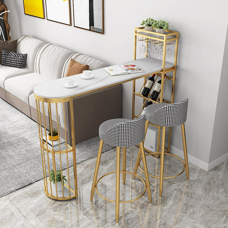 Glam White Stone Bar Dining Table Iron Double Pedestal Bistro Table with Wine Rack Clearhalo 'Bar Furniture' 'Bar Tables' 'bar_tables' 'furn' 'furn_bar_tables' 'Furniture' 'furniture_bar_tables' 'Kitchen & Dining Furniture' 'kitchen&dining_furn' 'kitchen' 4258027