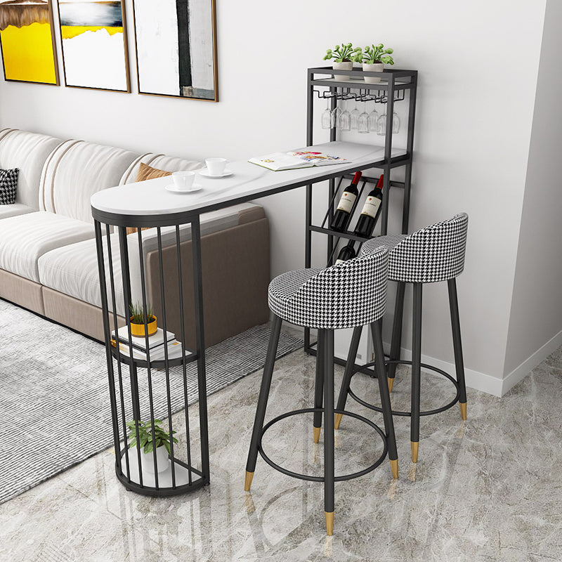 Glam White Stone Bar Dining Table Iron Double Pedestal Bistro Table with Wine Rack Black Without Chairs Clearhalo 'Bar Furniture' 'Bar Tables' 'bar_tables' 'furn' 'furn_bar_tables' 'Furniture' 'furniture_bar_tables' 'Kitchen & Dining Furniture' 'kitchen&dining_furn' 'kitchen' 4258028