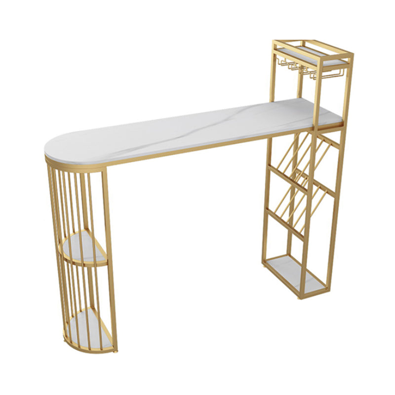 Glam White Stone Bar Dining Table Iron Double Pedestal Bistro Table with Wine Rack Gold Without Chairs Clearhalo 'Bar Furniture' 'Bar Tables' 'bar_tables' 'furn' 'furn_bar_tables' 'Furniture' 'furniture_bar_tables' 'Kitchen & Dining Furniture' 'kitchen&dining_furn' 'kitchen' 4258032