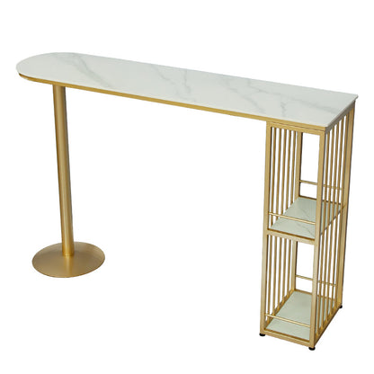 Glam White Stone Bar Dining Table Gold Double Pedestal Bistro Table with Shelve Matte White Without Chairs Clearhalo 'Bar Furniture' 'Bar Tables' 'bar_tables' 'furn' 'furn_bar_tables' 'Furniture' 'furniture_bar_tables' 'Kitchen & Dining Furniture' 'kitchen&dining_furn' 'kitchen' 4258058